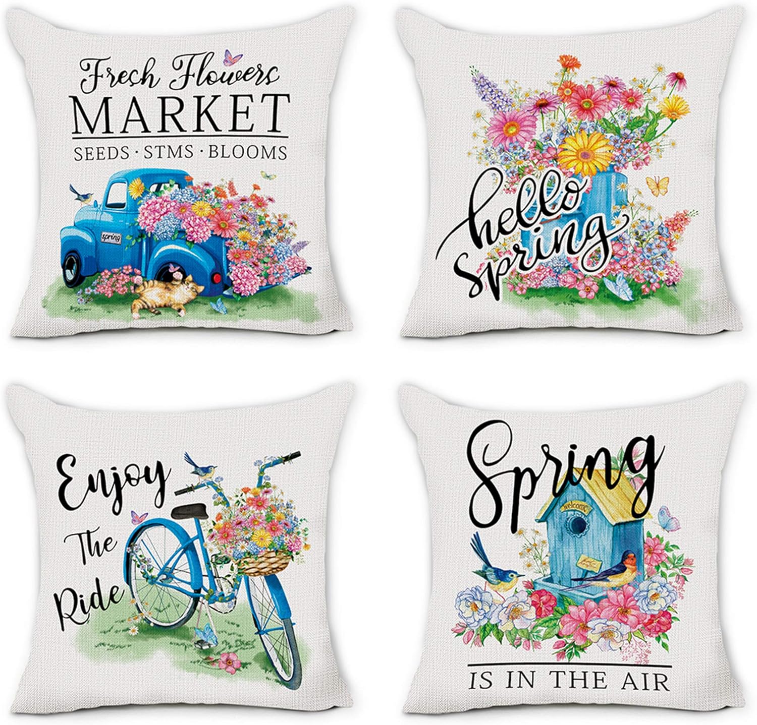 Hello Spring Flowers Pillow Covers Farmhouse Linen Cushion Case Home Couch Decor 