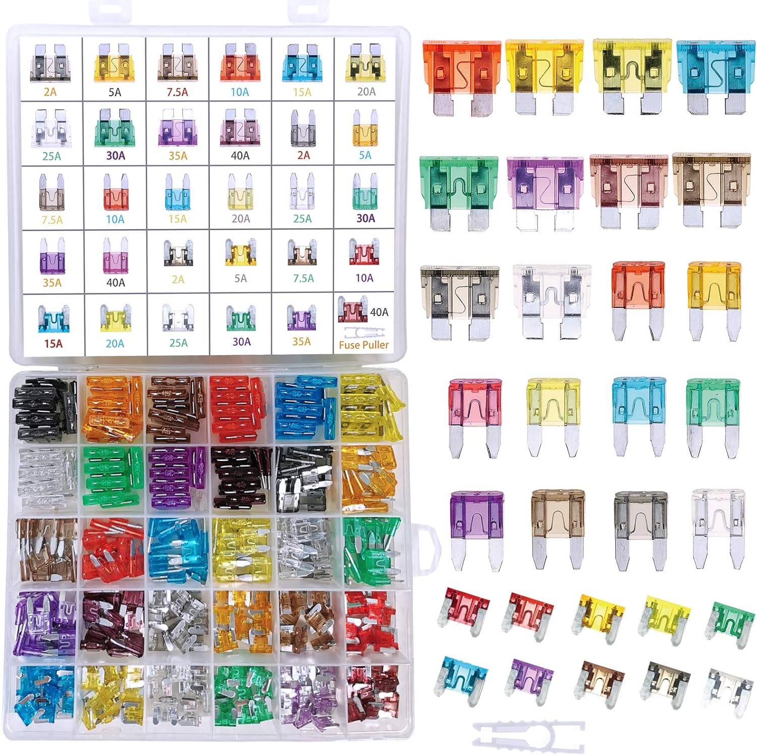 2A/3A/5A/7.5A/10A/15A/ 20A/25A/30A/40AMP/ATC/ATO Blade Fuses Automotive Truck Camper RV Standard and Mini Size 266 Pieces Car Fuses Assortment Kit Boat Replacement Fuses for Marine Auto