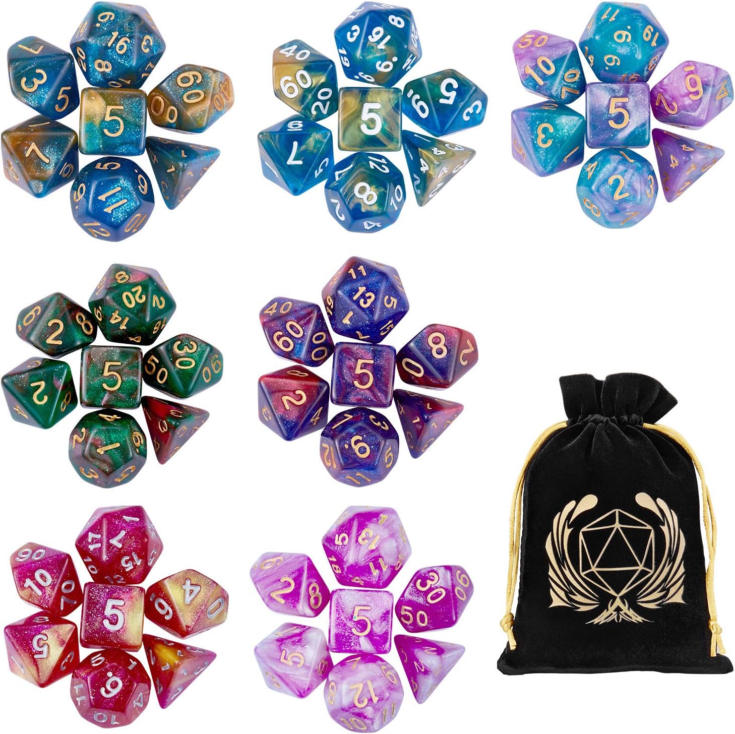 Sparkly D20 Set of 7 Polyhedral Dice for DND Role Playing Games 