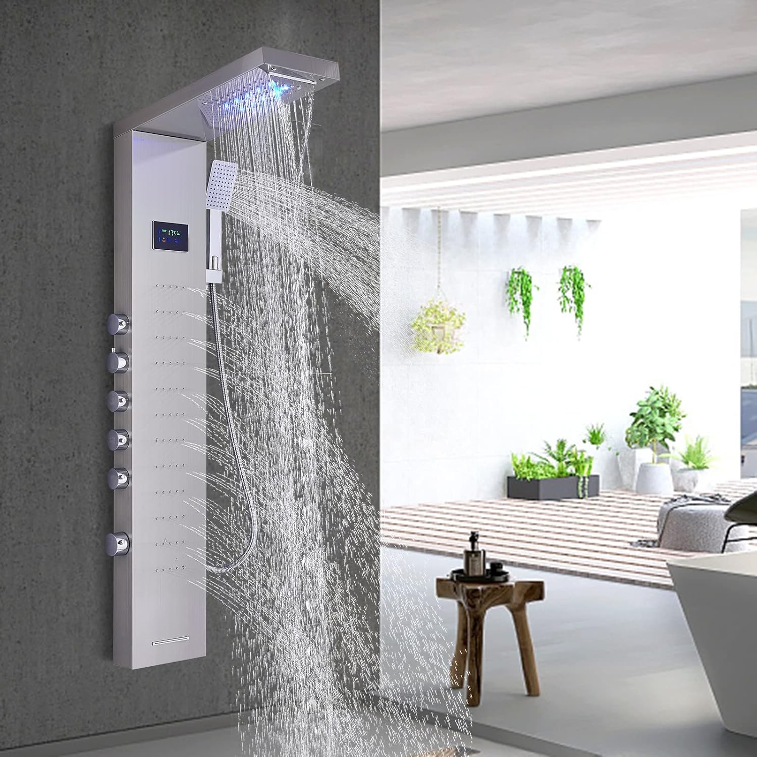 Body Jets 6-Function Faucet Rain Massage System with Handheld Sprayer Silver Tub Spout Shower Panel Tower System 58 inch Stainless Steel LED Rainfall Waterfall Shower Head