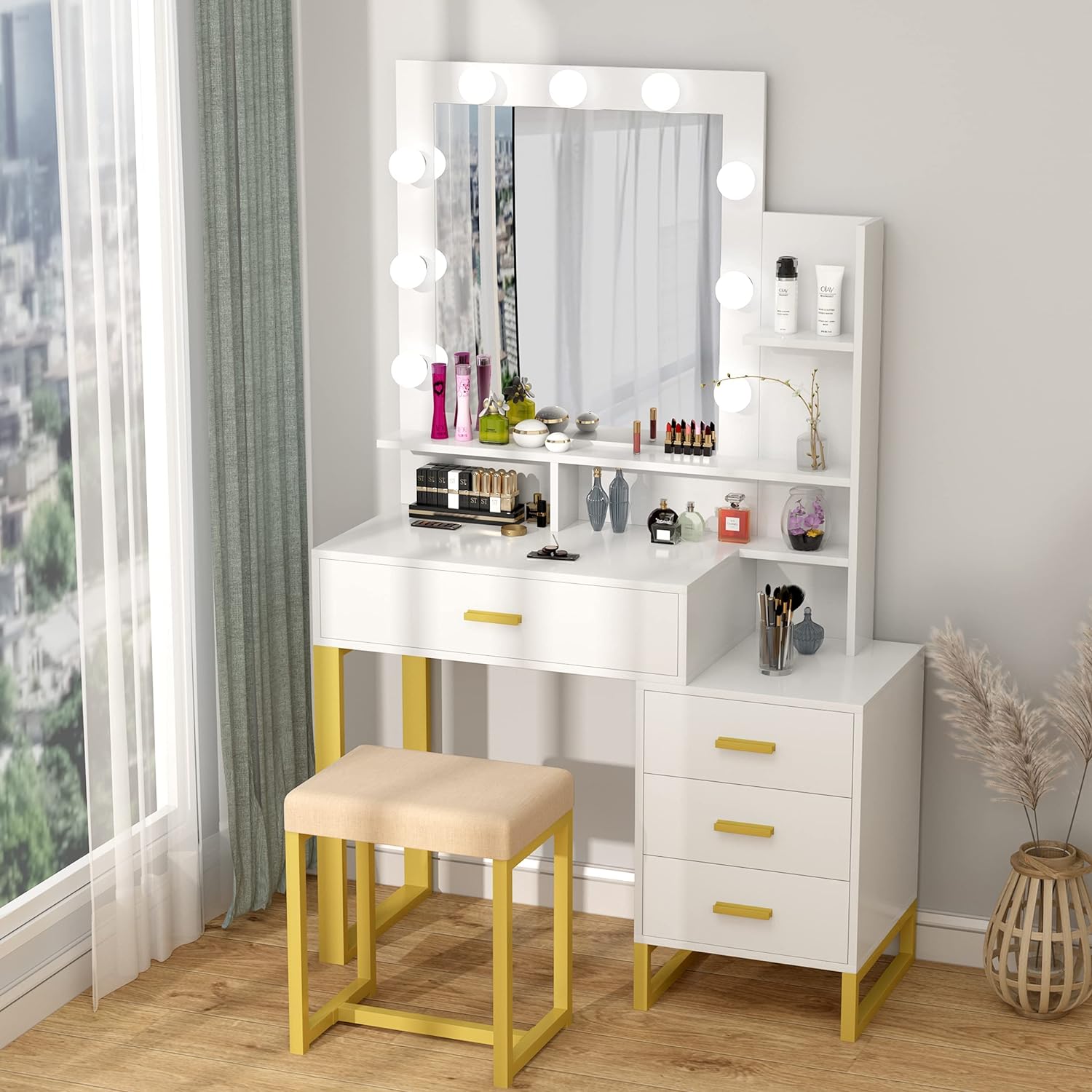 Vanity Set With Lighted Mirror Cushioned Stool Dressing Table Makeup Table US