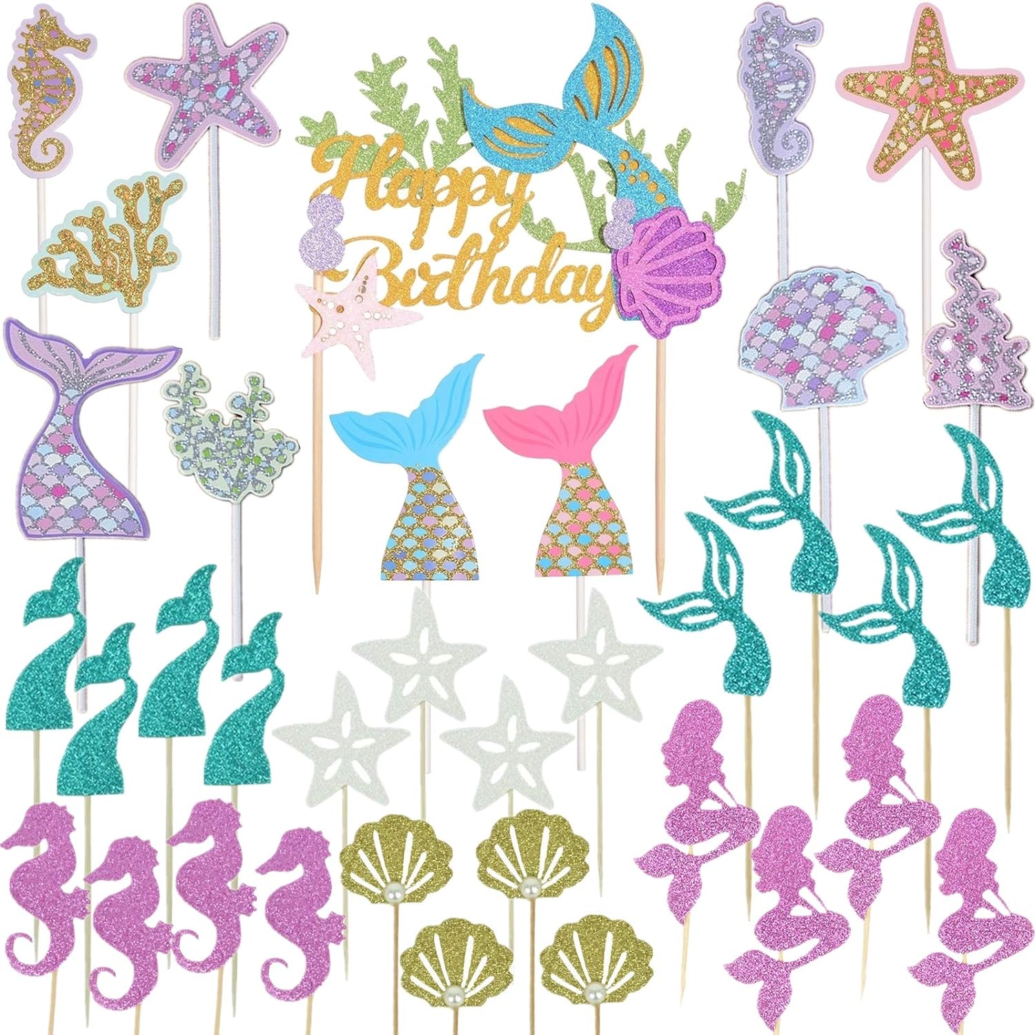 Little Mermaid Party Birthday Ariel Seashell Glitter Cupcake Toppers Baby Shower Under the Sea Party 12 or 24 count