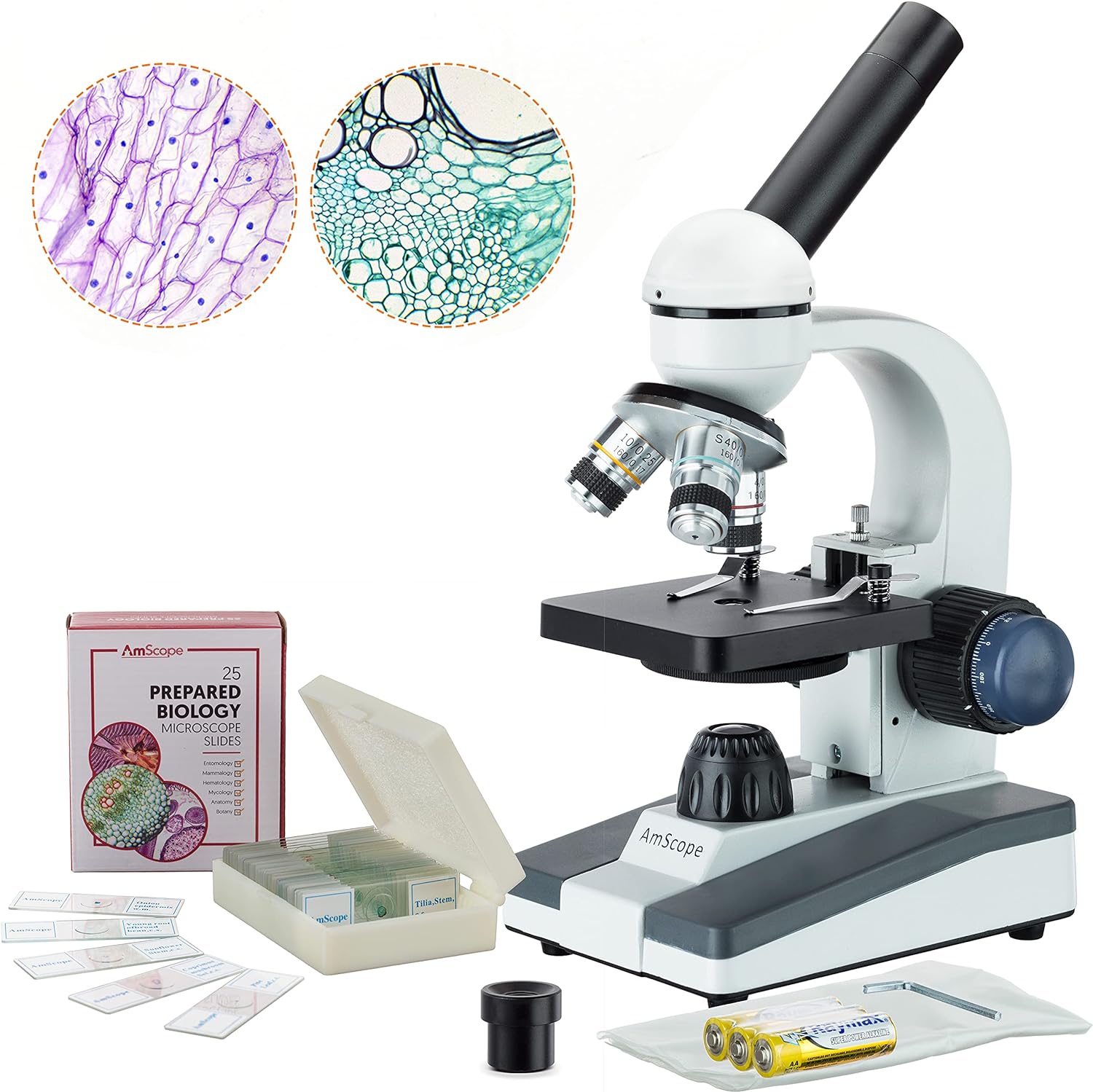 LED Illumination Brightfield 110V 40x-1000x Magnification WF10x and WF25x Eyepieces Single-Lens Condenser Mechanical Stage AmScope M150C-MS Compound Monocular Microscope Coaxial Coarse and Fine Focus