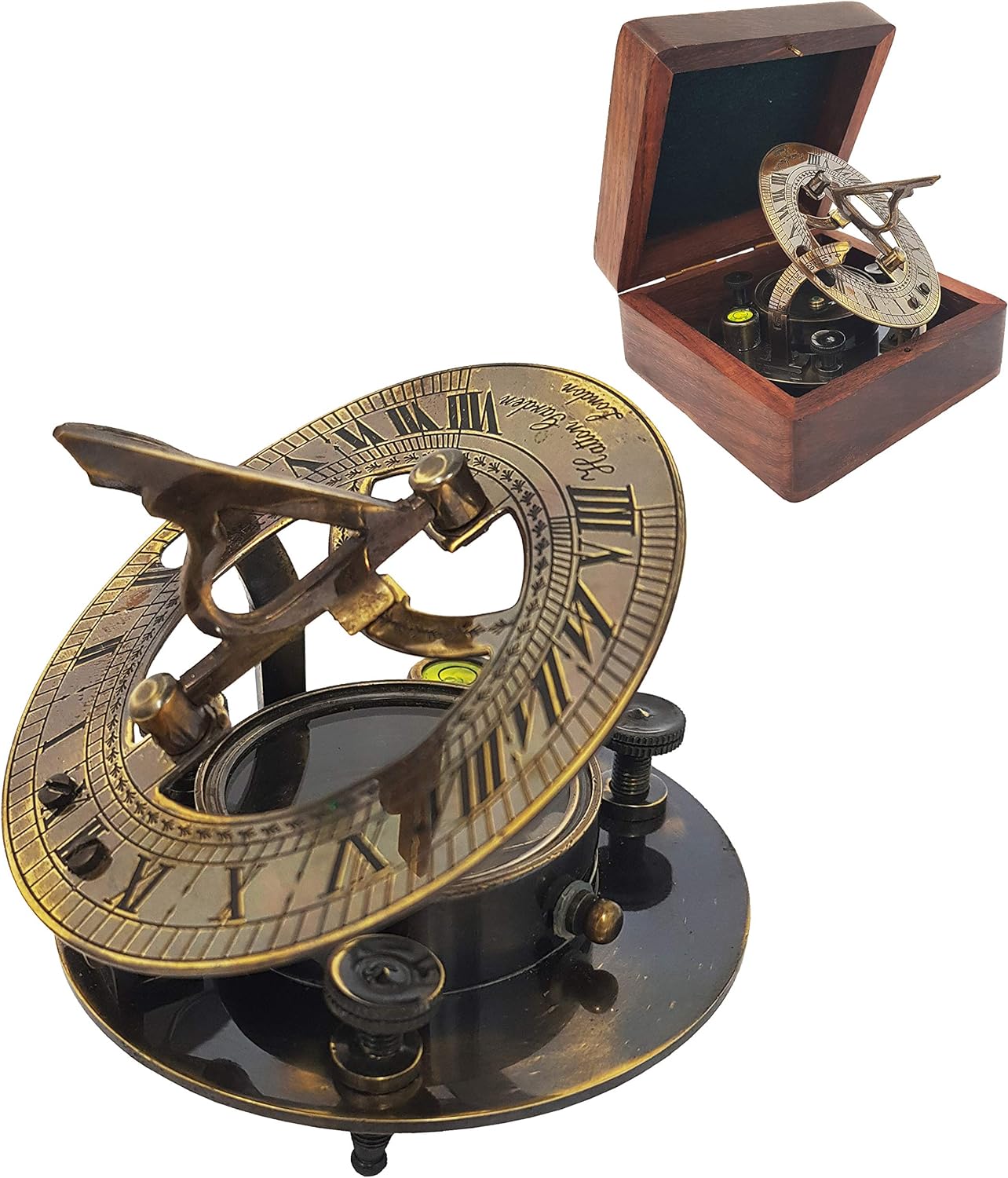 Camping, Nautical Marine Brass Push Button Pocket Sundial Compass WLeather Box Gift London Pocket Compass Ideal for Gift