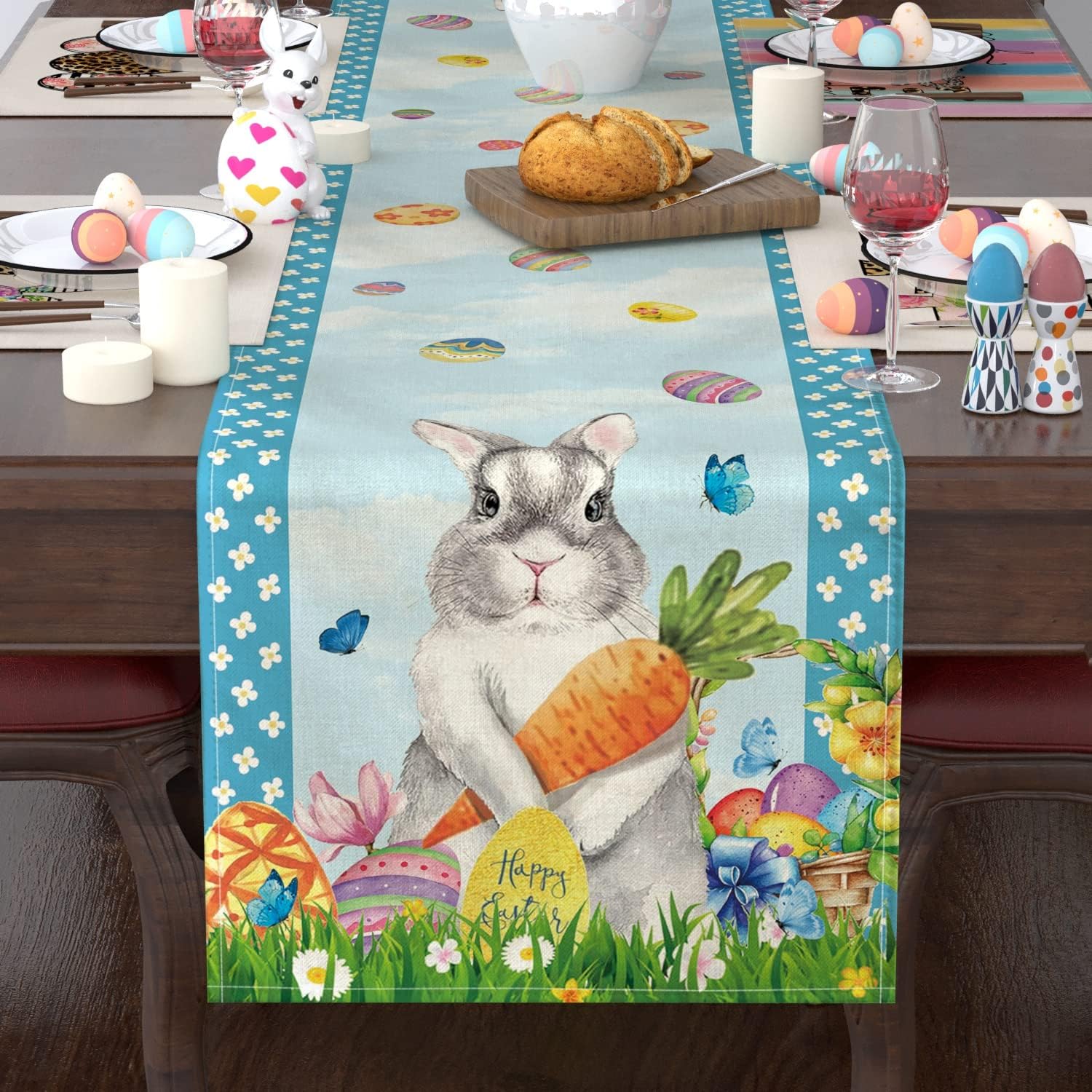 Oarencol Easter Bunny Egg Flower Table Runner Rabbit Watercolor Animal Double Sided 13x70 inch Polyester Table Cloth