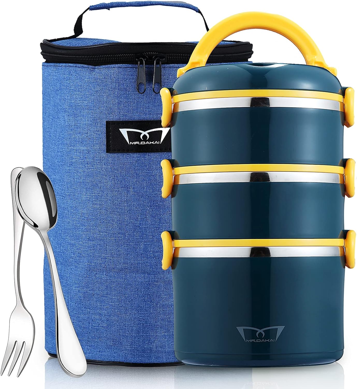 Fork/Spoon Bento Lunch Box Stackable Stainless Steel Thermos Leakproof 3 Layer 