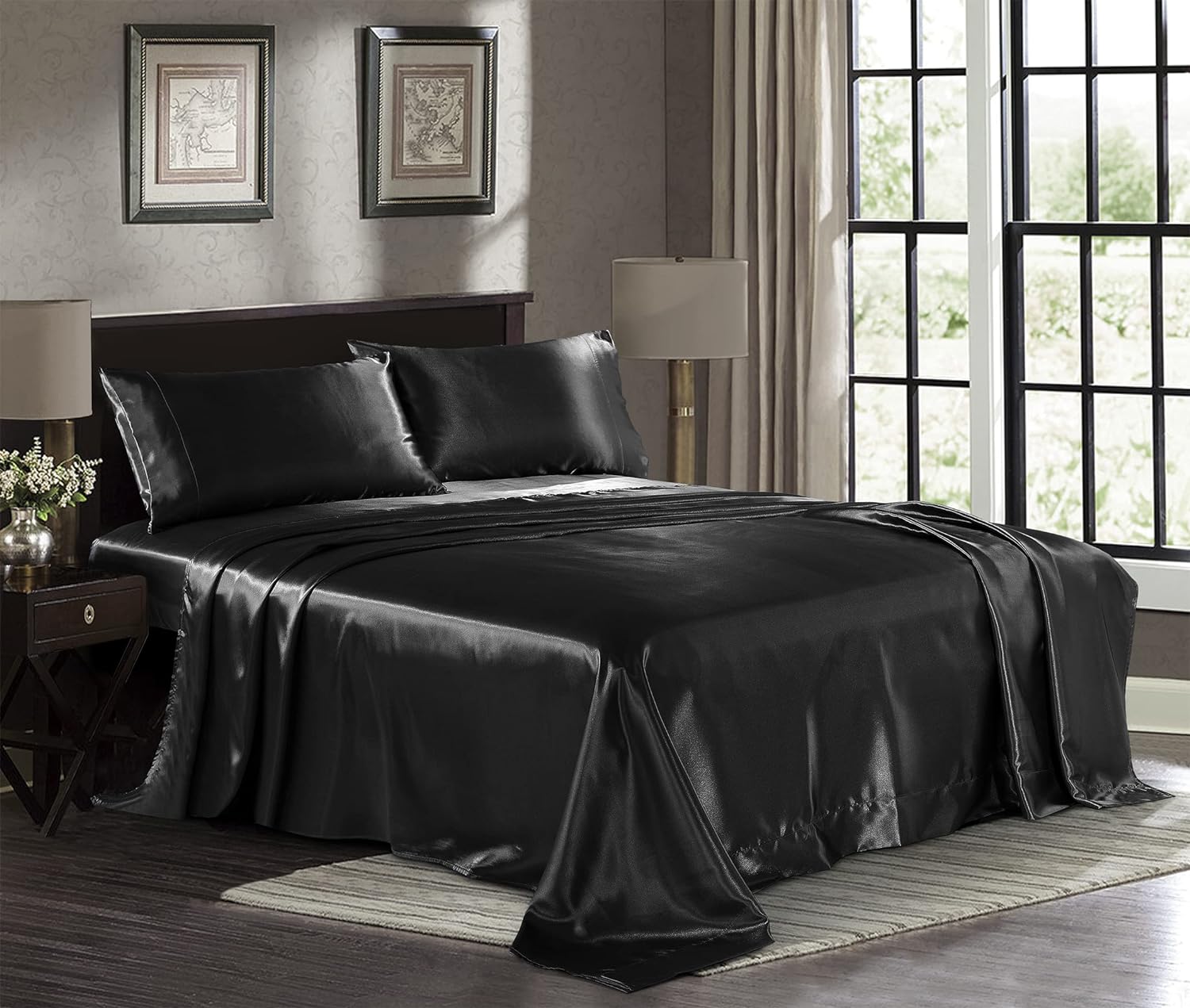 Black, 90x200cm/35.4x78.7in 4 Sizes IRRIS Bed Sheets Soft Queen Size Solid Color Deep Pocket Bedding Cover Wrinkle Fade Stain Resistant Hotel Fitted Flat Bed Sheet