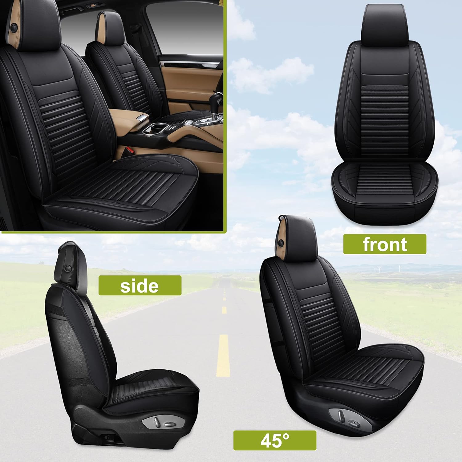 Front Pair AOOG Leather Car Seat Covers Non-Slip Vehicle Car Seat Covers Universal Fit Set for Auto Interior Accessories Black&Blue Leatherette Automotive Seat Covers for Cars SUV Pick-up Truck 