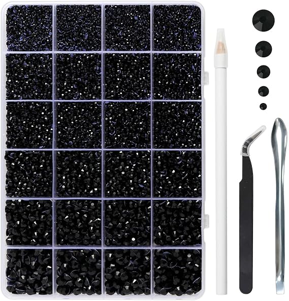 Black Hotfix Rhinestones Multi Sizes Kit, 14400 pcs Heat Fix Rhinestone for Bedazzling Clothes Crafts Mixed 5 Sizes with Wax Pencil, Tweezers and Spoon, SS6-SS30, Black