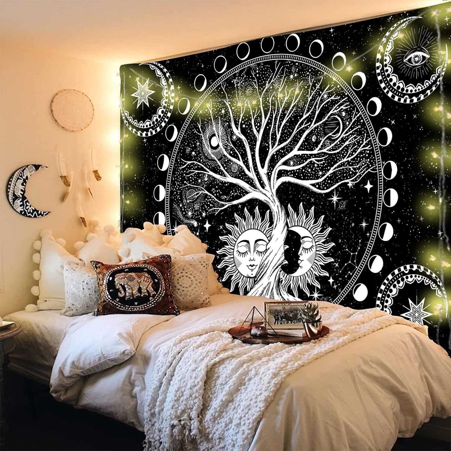 70.9ʺx 90.6ʺ Sun and Moon Tapestry Wall Hanging Bohemian Wall Decor Blanket for Bedroom Home Dorm Moon Phase Tree of Life, XL Moon Phase Tree of Life Tapestry