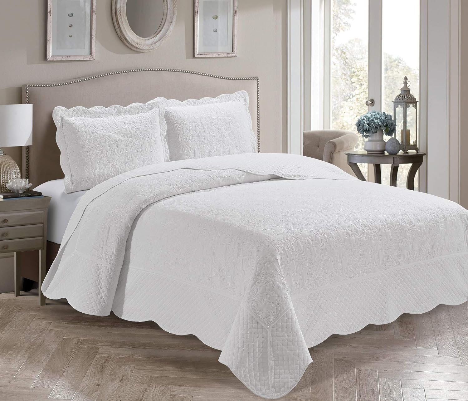 Fancy Linen Embossed Oversized Coverlet Bedspread Set Ivory All Sizes New 