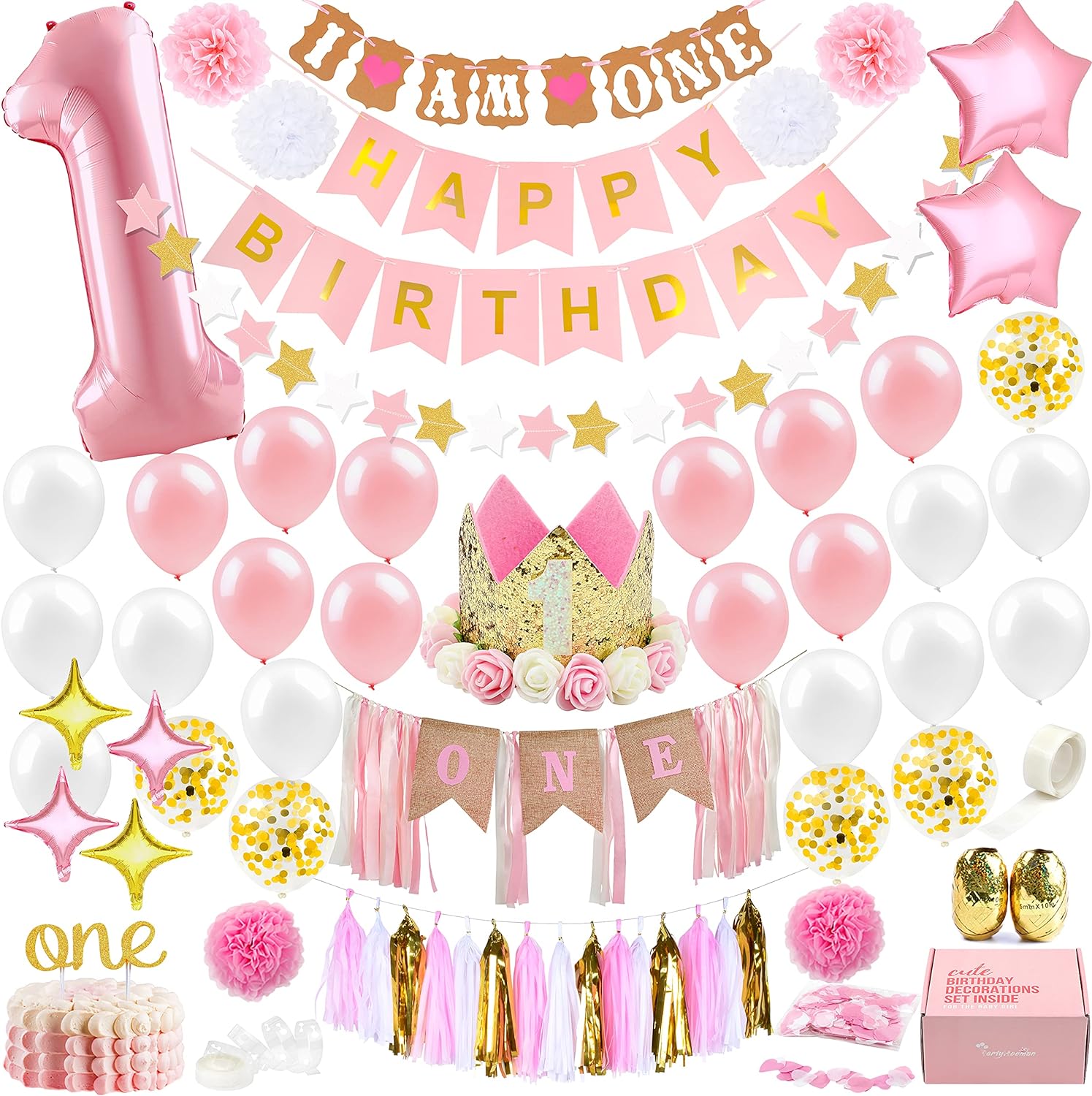 FIRST 1st BIRTHDAY GIRL PINK & GOLD Party Tableware Range Balloons & Decorations 