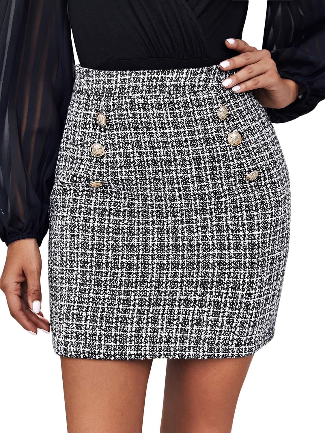 WDIRARA Womens Elegant Plaid High Waist Double Breasted Tweed Mini Pencil Skirt